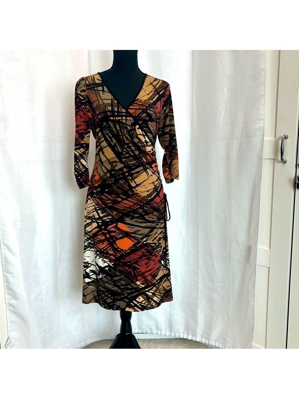 Le Chateau multicoloured zigzag artsy print long sleeve V-neck faux wrap dress S - Picture 16 of 16